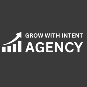 Grow With Intent Agency logo featuring a rising bar chart with an upward arrow, alongside the business name in bold white text on a dark background, symbolising growth and progress.